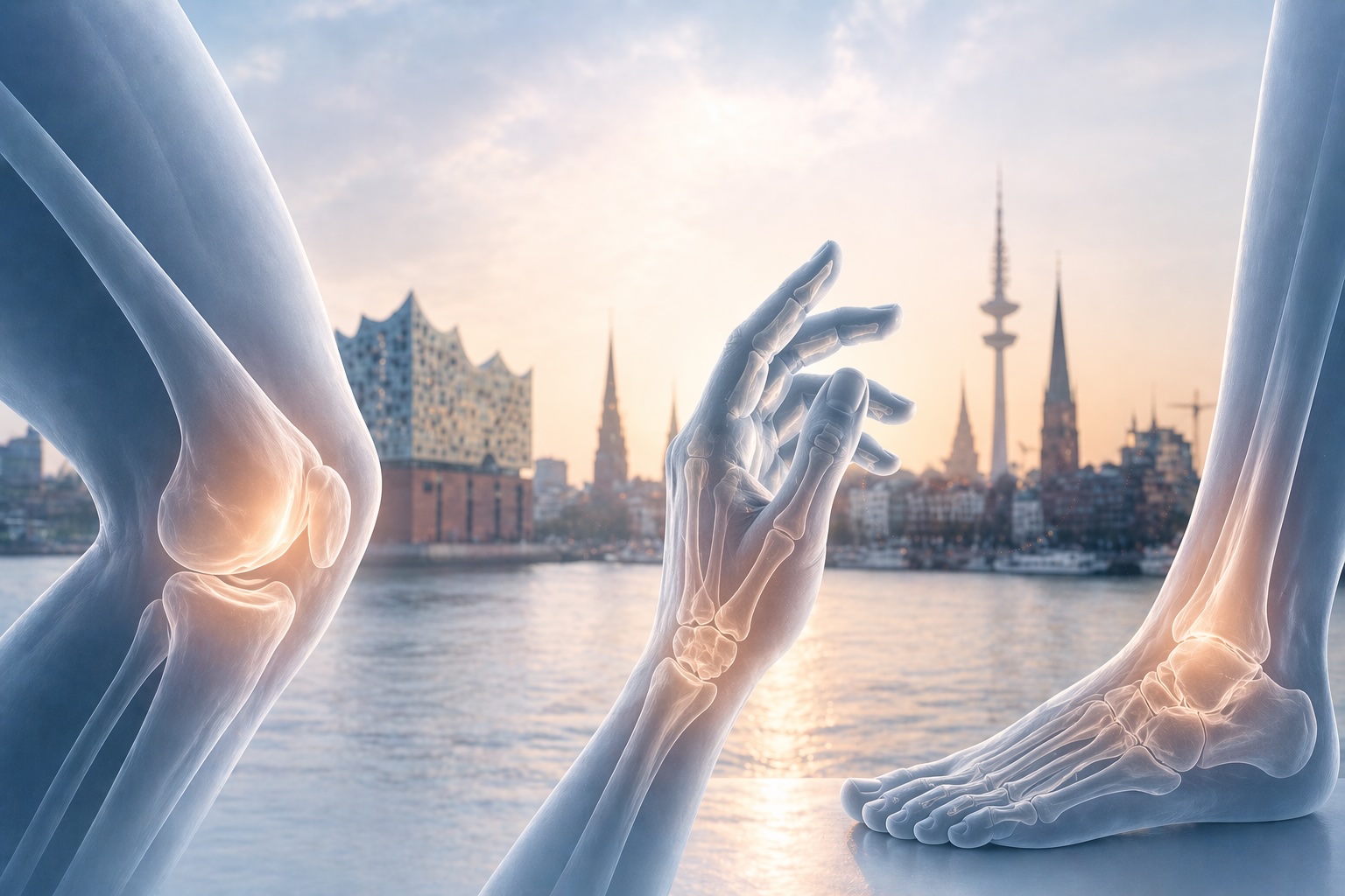 Knie, Hand und Fuß als anatomische Röntgen-Visualisierung vor der Hamburger Skyline mit Elbphilharmonie und Alster